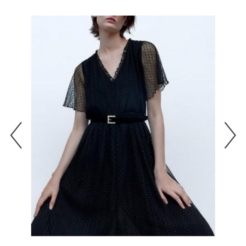 Zara Belted Dotted Black Sheer Midi Dress size M like new